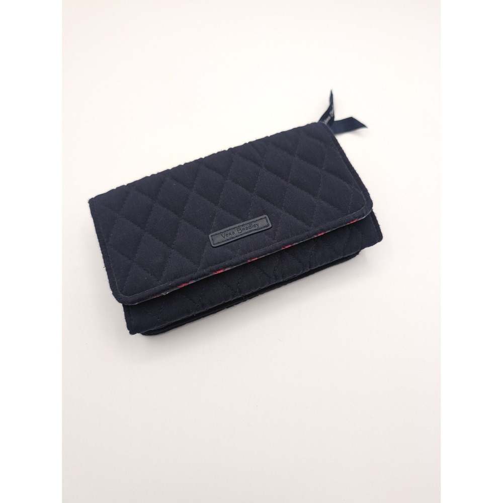 Vera Bradley Navy Blue Quilted Cotton Trifold Wallet Snap Closure D-Ring